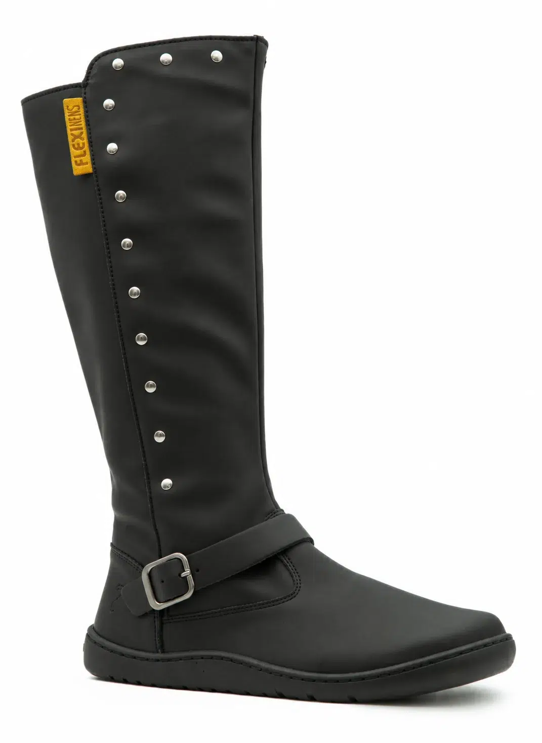 Bota-negra-con-tachuelas-y-etiqueta-amarilla Botas Altas Barefoot Flexi Nens 9092-S MERINILLA. SALVAJE NEGRO - Imagen 1